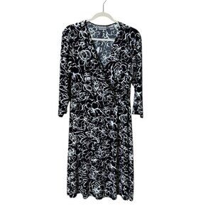 Chicos Faux Wrap Floral Dress Large Liquid Knit Midi Classy Artsy Career Wear
